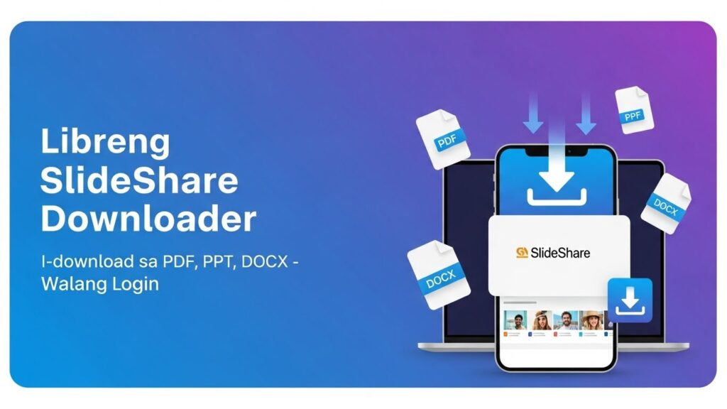 Libreng SlideShare downloader na nagpapakita ng pag-download ng SlideShare presentation sa PDF, PPT, at DOCX nang walang login